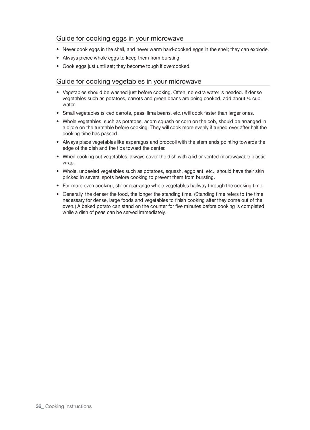 Samsung SMH8187STG, SMH8187BG Guide for cooking eggs in your microwave, Guide for cooking vegetables in your microwave 