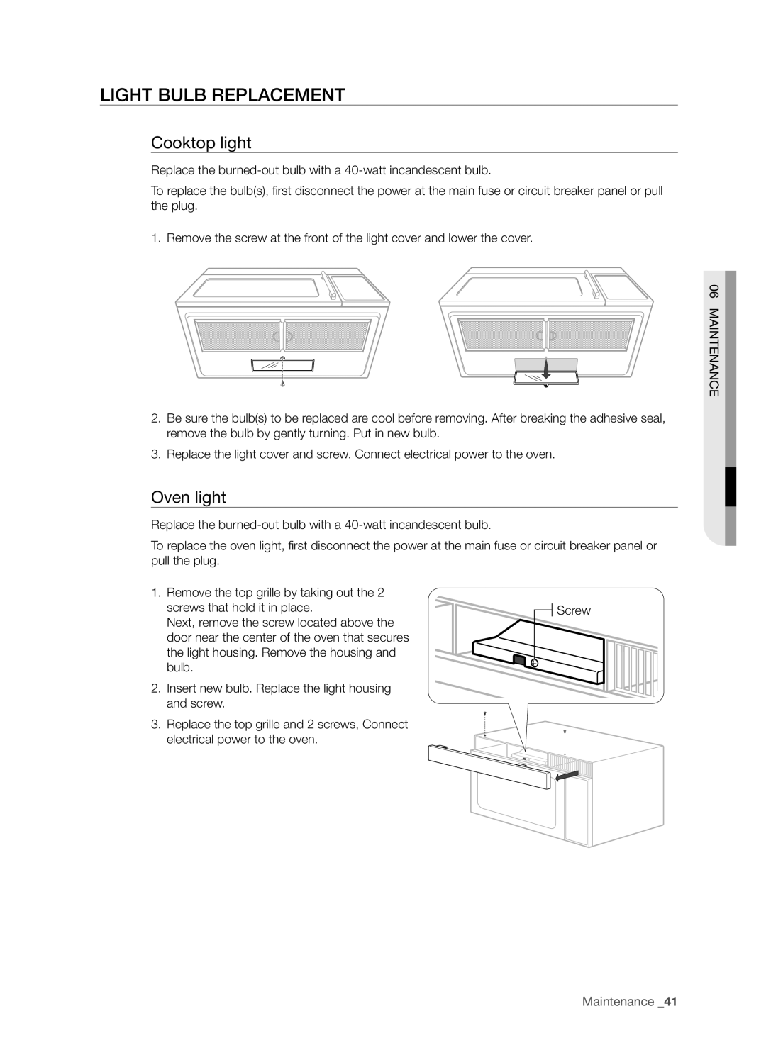 Samsung SHM8187WG, SMH8187STG, SMH8187BG user manual Light bulb replacement, Cooktop light, Oven light 