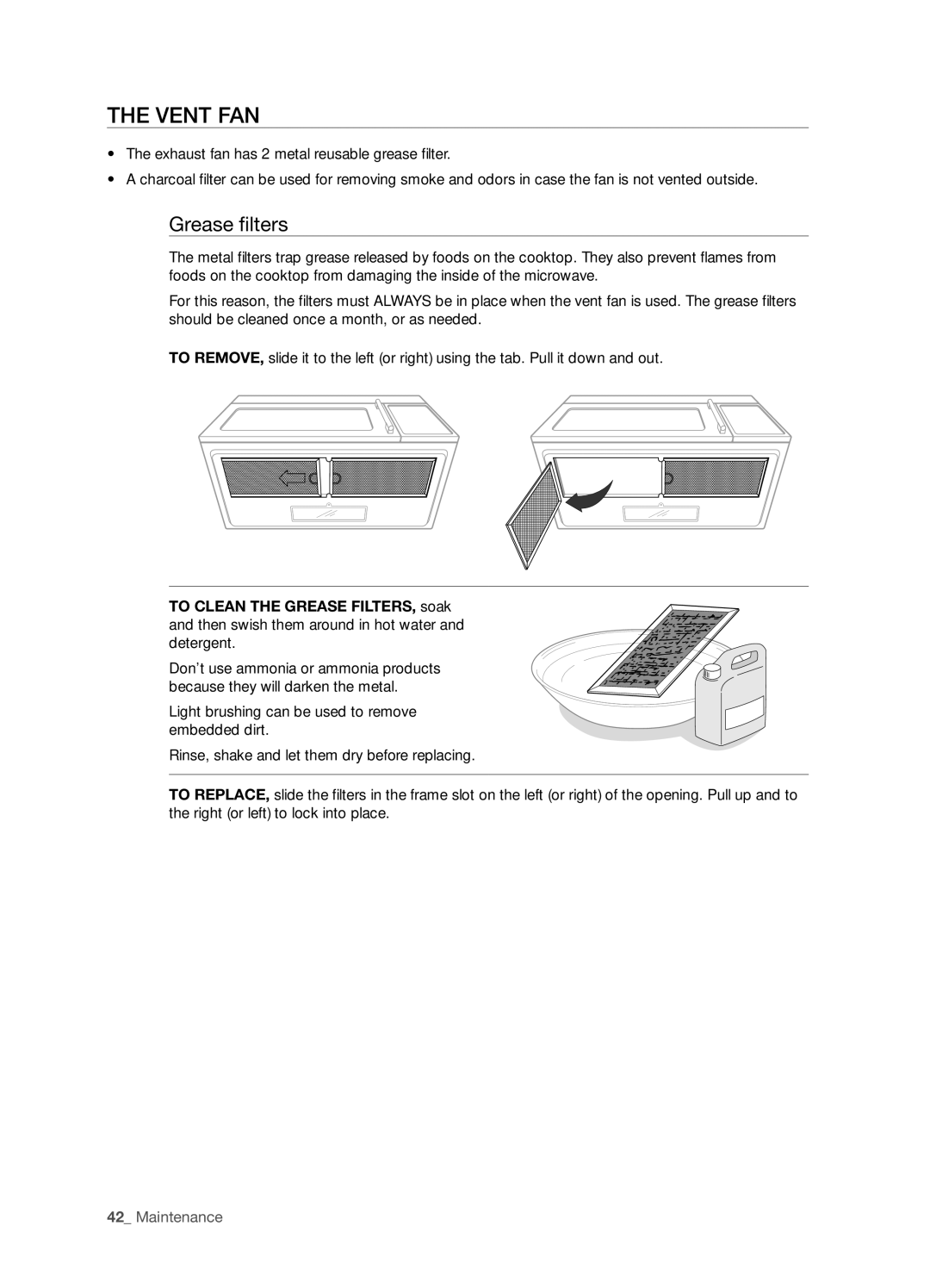 Samsung SMH8187STG, SMH8187BG, SHM8187WG user manual Vent fan, Grease filters 