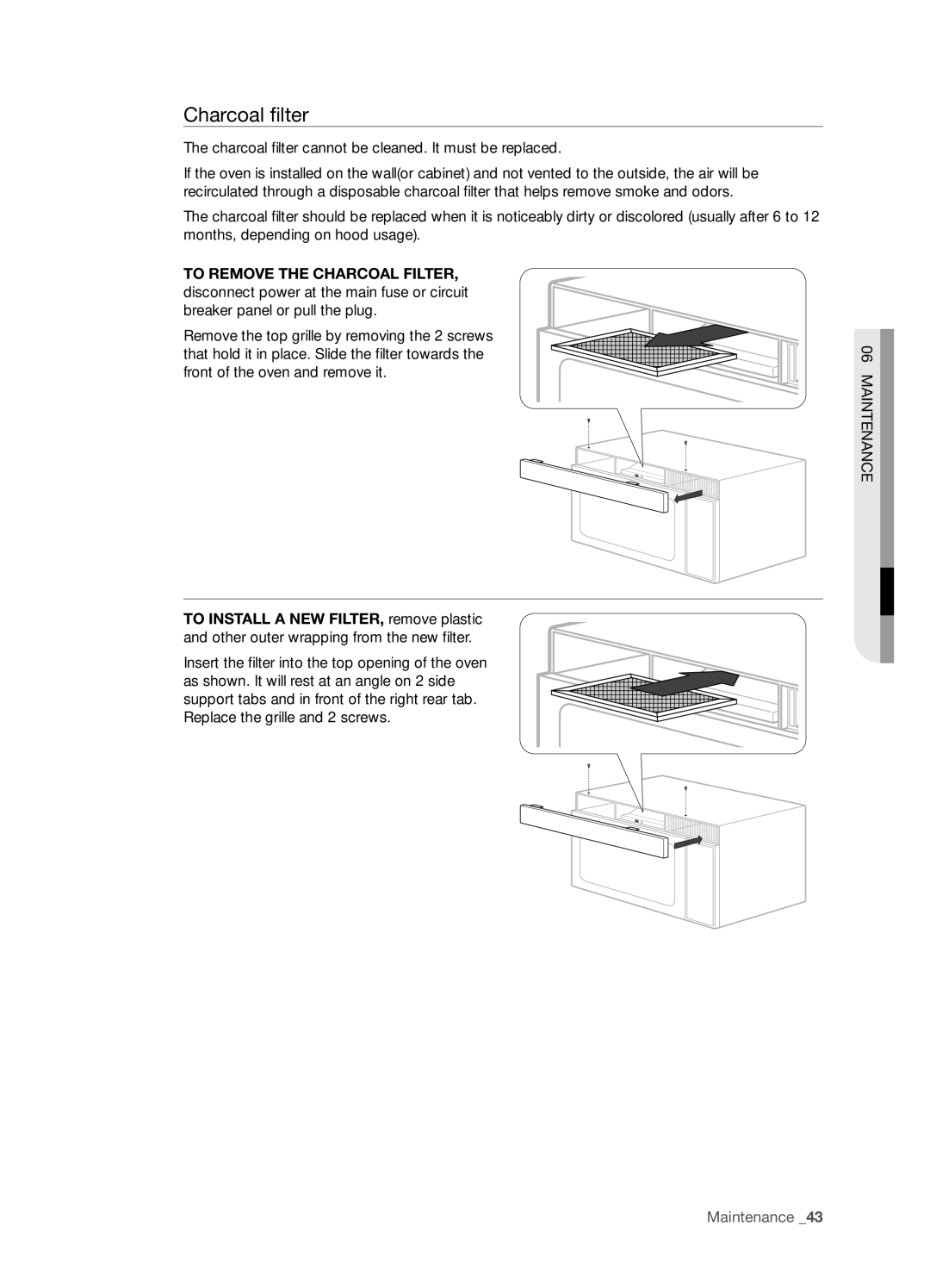 Samsung SMH8187BG, SMH8187STG, SHM8187WG user manual Charcoal filter cannot be cleaned. It must be replaced 