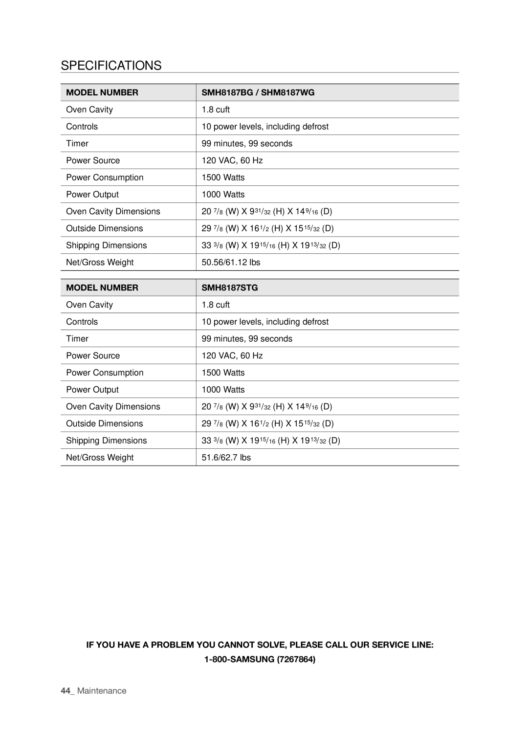 Samsung user manual Specifications, SMH8187BG / SHM8187WG, Model Number SMH8187STG, Samsung 