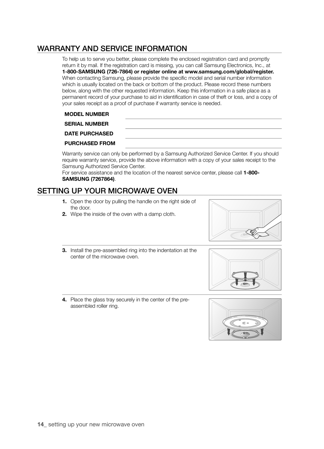 Samsung SMH9151 user manual Warranty and service information, Setting up your microwave oven 