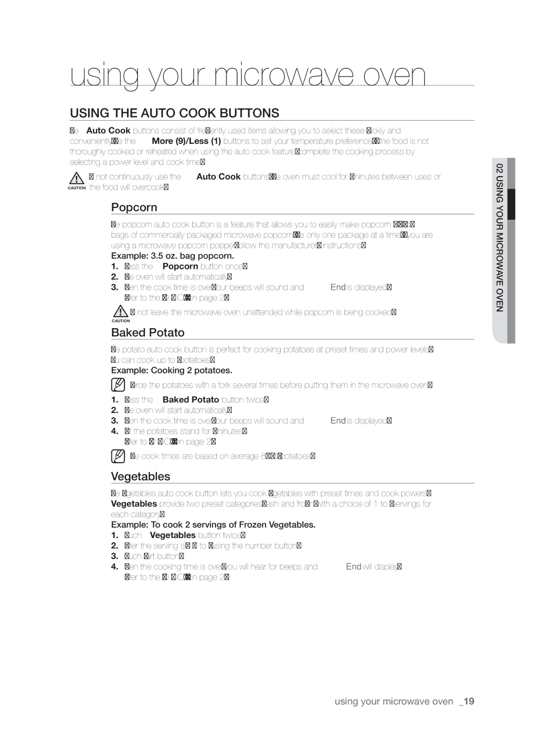 Samsung SMH9151 user manual Popcorn, Baked Potato, Vegetables 