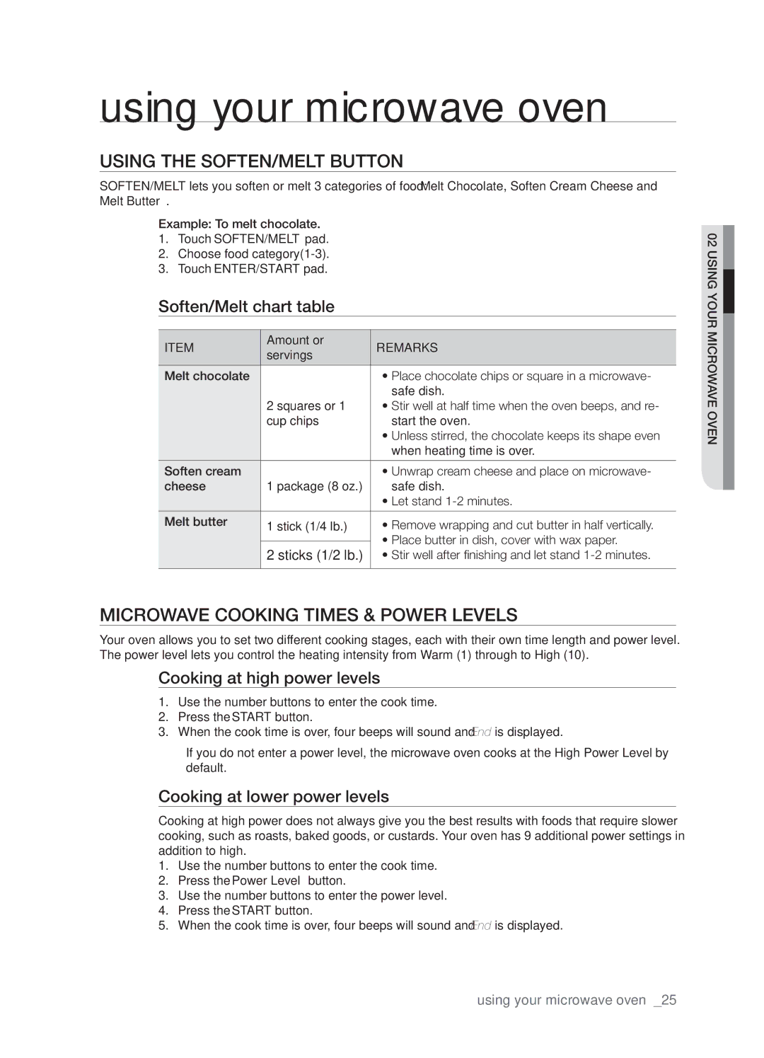 Samsung SMH9151 user manual Using the SOFTEN/MELT button, Microwave cooking times & Power levels, Soften/Melt chart table 