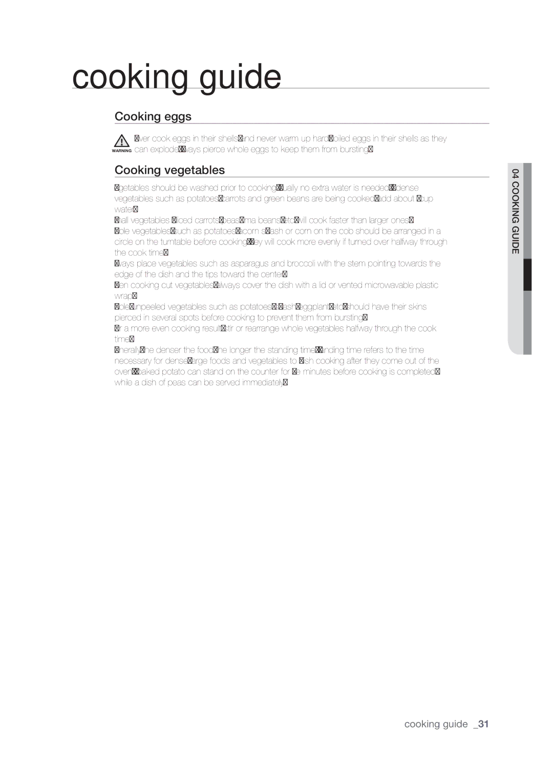 Samsung SMH9151 user manual Cooking eggs, Cooking vegetables 