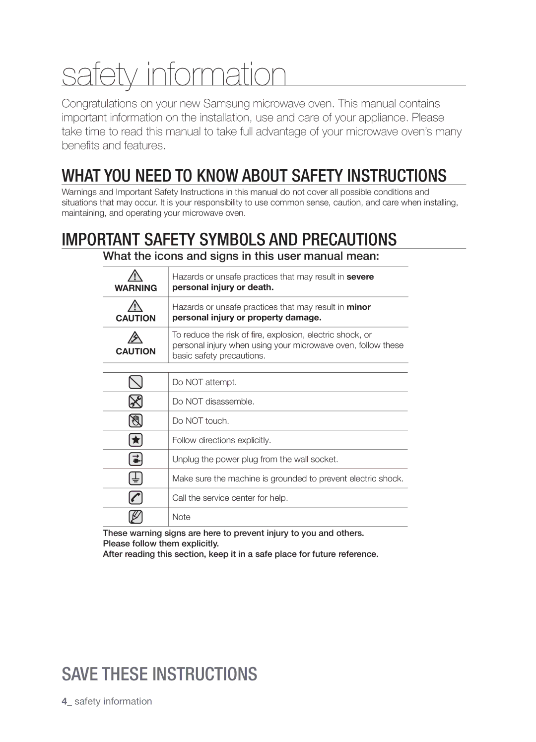 Samsung SMH9151 Hazards or unsafe practices that may result in severe, Personal injury or death, Basic safety precautions 