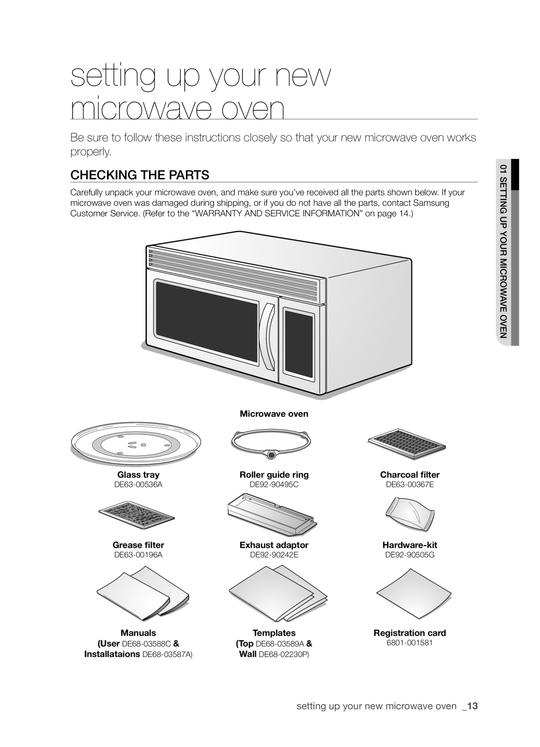 Samsung SMH9151 setting up your new microwave oven, Checking the parts, Microwave oven, Glass tray, Grease filter, Manuals 