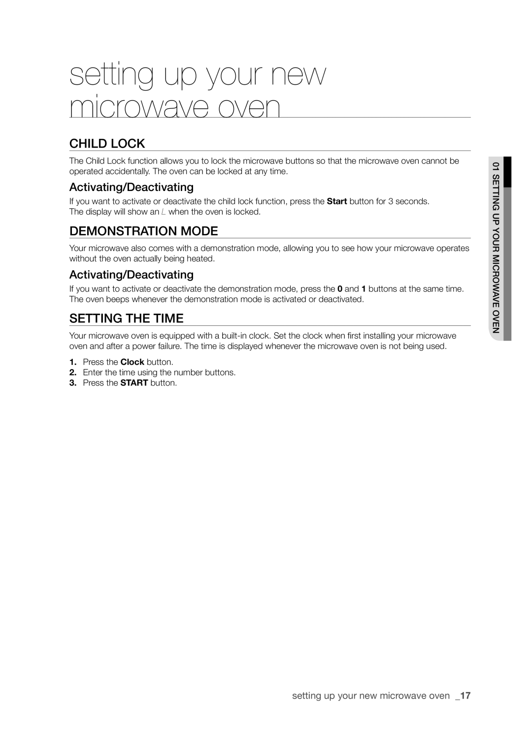Samsung SMH9151 user manual Child lock, Demonstration mode, Setting the time, Activating/Deactivating 