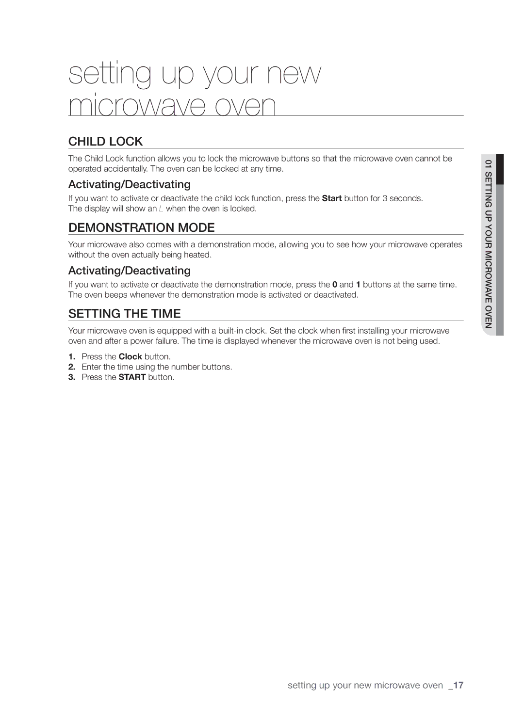 Samsung SMH9151B user manual Child lock, Demonstration mode, Setting the time, Activating/Deactivating 