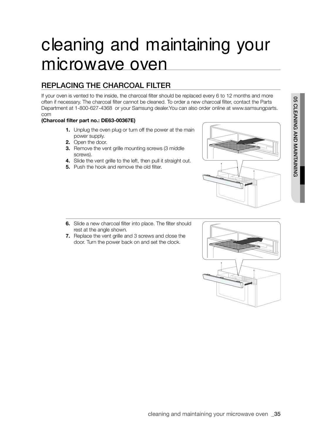 Samsung SMH9151B user manual Replacing the charcoal filter, Charcoal filter part no. DE63-00367E 