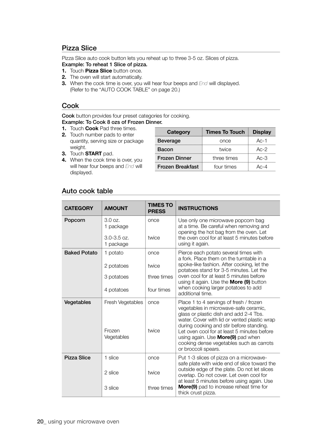 Samsung SMH9151B Pizza Slice, Cook, Auto cook table, using your microwave oven, Category, Display, Amount, Times To, Press 