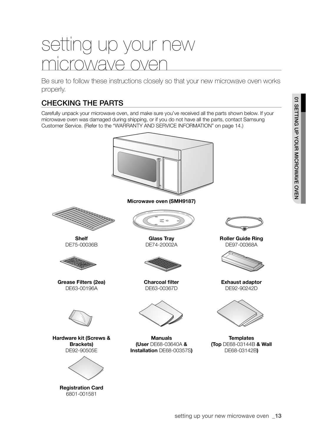 Samsung SMH9187ST, SMH9187B, SHM9187W user manual Setting up your new microwave oven, Checking the parts 