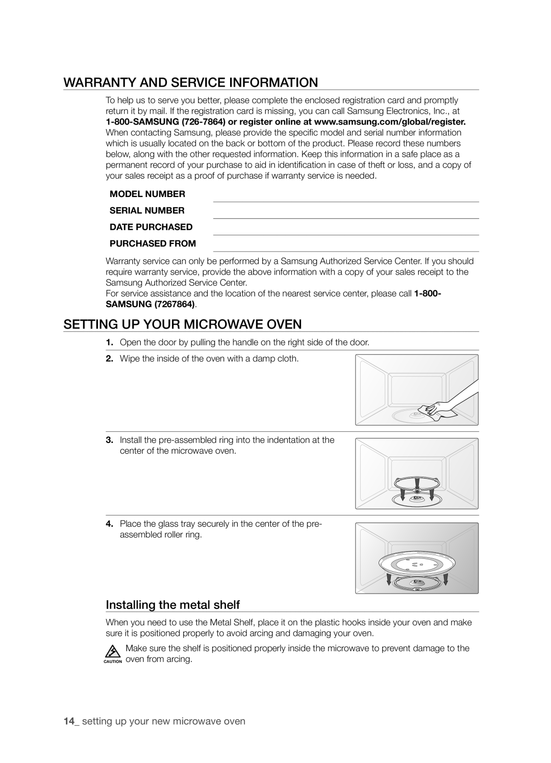 Samsung SMH9187B, SHM9187W Warranty and service information, Setting up your microwave oven, Installing the metal shelf 