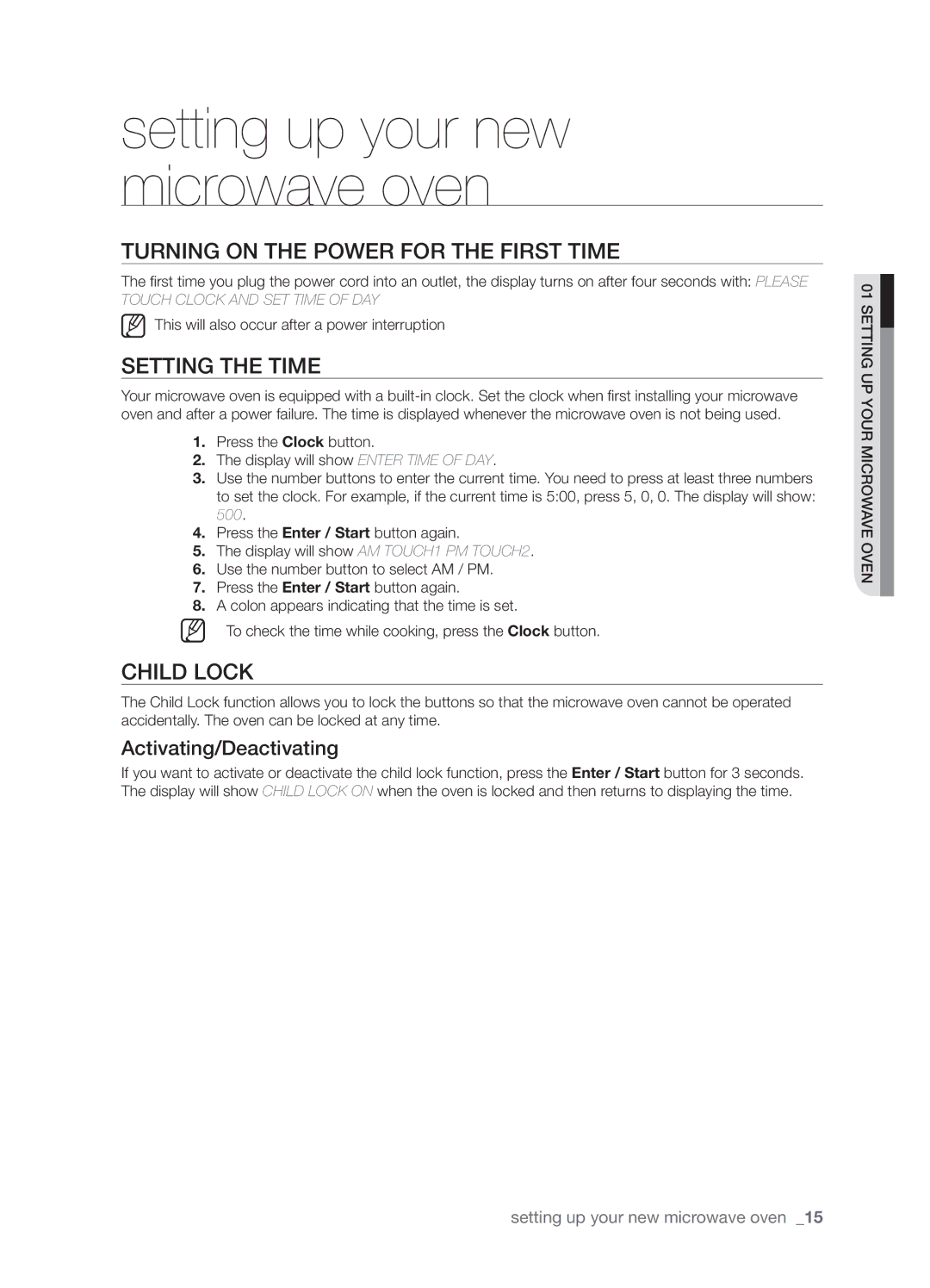 Samsung SHM9187W, SMH9187B Turning on the power for the first time, Setting the time, Child lock, Activating/Deactivating 