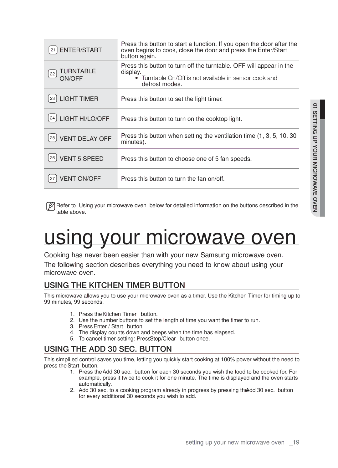 Samsung SHM9187W, SMH9187B Using your microwave oven, Using the Kitchen Timer button, Using the add 30 sec. button 