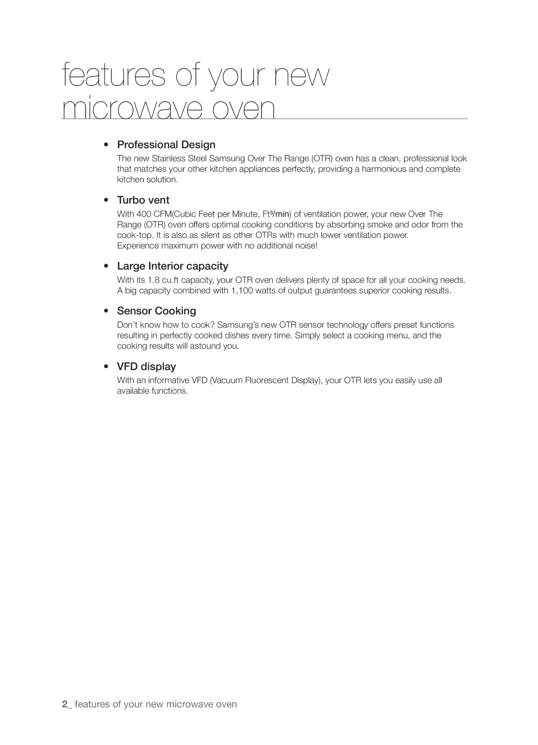 Samsung SMH9187B, SMH9187ST, SHM9187W user manual Features of your new microwave oven 