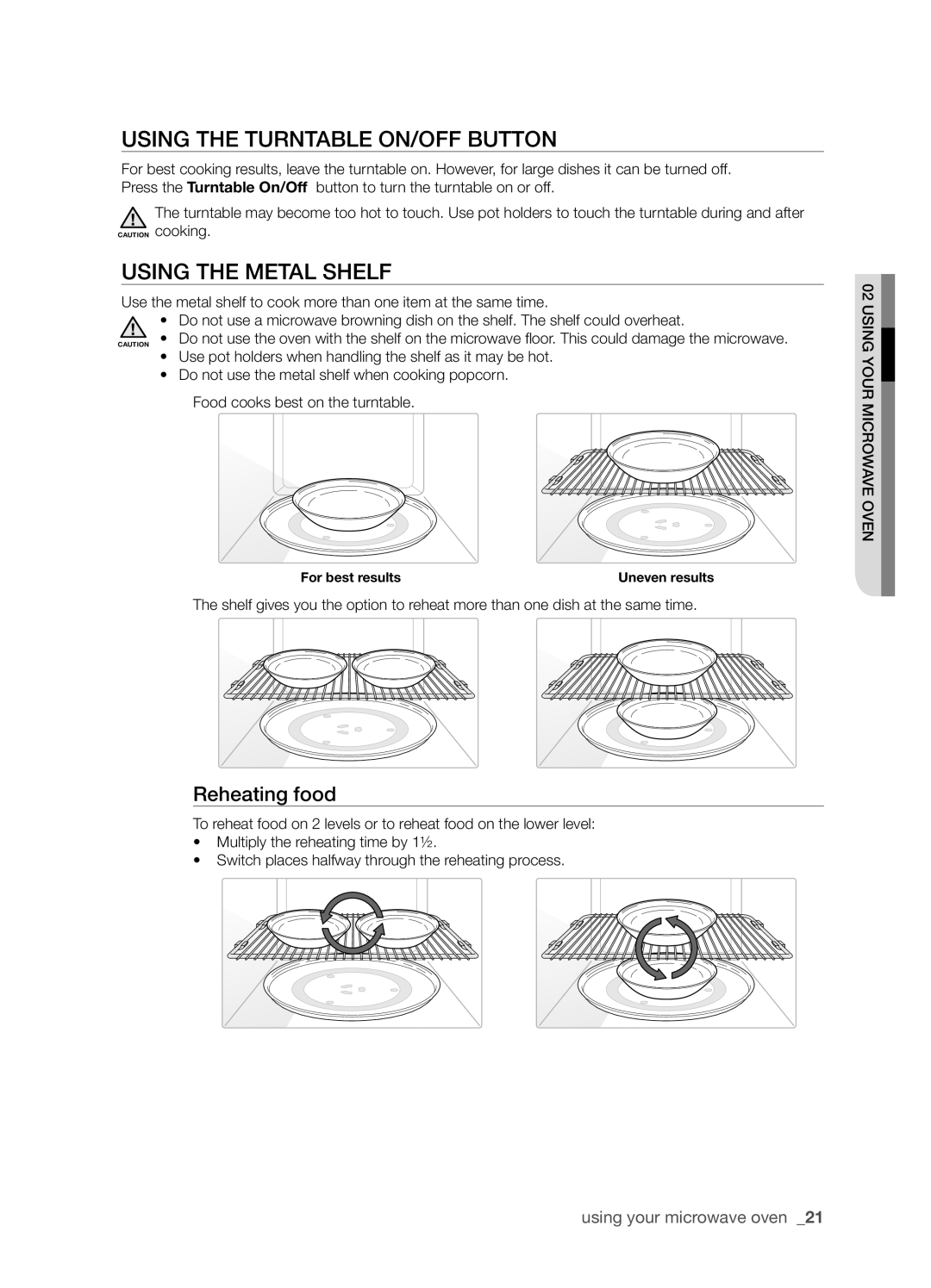 Samsung SMH9187ST, SMH9187B, SHM9187W user manual Using the Turntable On/Off button, Using the metal shelf, Reheating food 