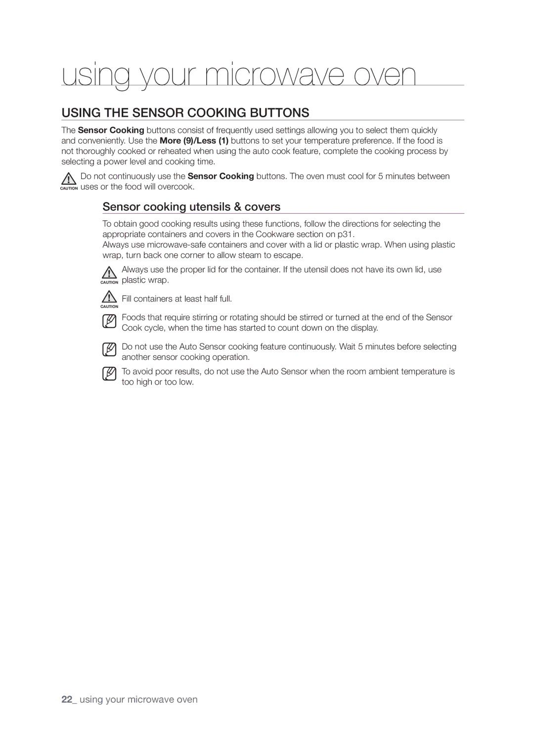 Samsung SMH9187B, SMH9187ST, SHM9187W user manual Using the Sensor CookING buttons, Sensor cooking utensils & covers 