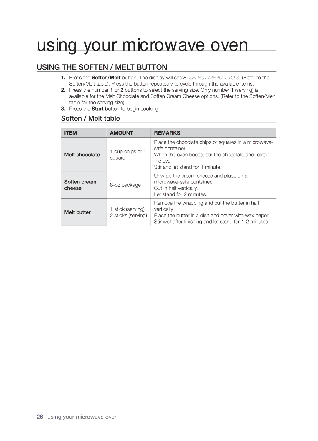 Samsung SMH9187B, SMH9187ST, SHM9187W user manual Using the soften / melt button, Soften / Melt table, Amount Remarks 