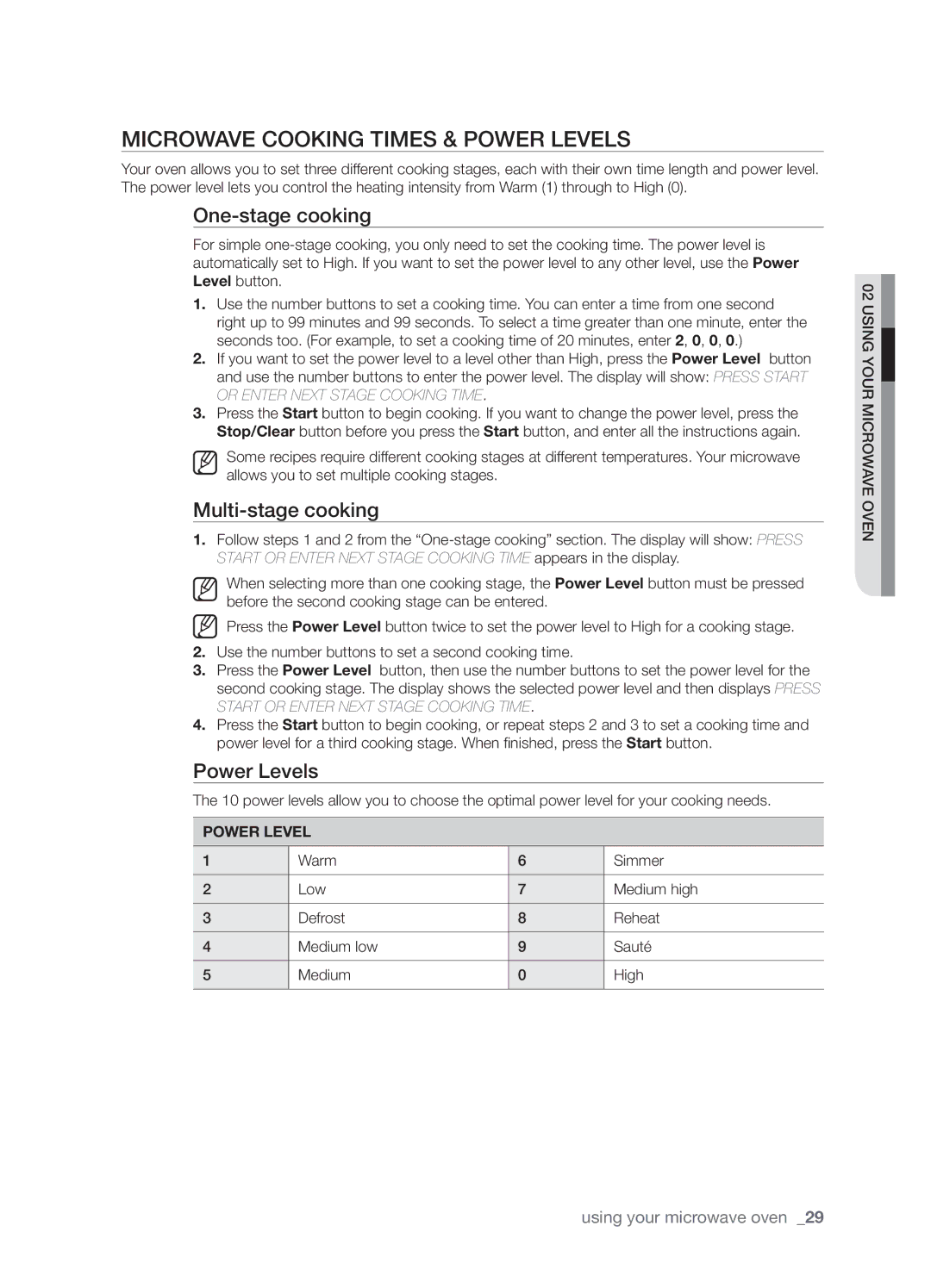 Samsung SMH9187ST, SMH9187B Microwave cooking times & power levels, One-stage cooking, Multi-stage cooking, Power Levels 