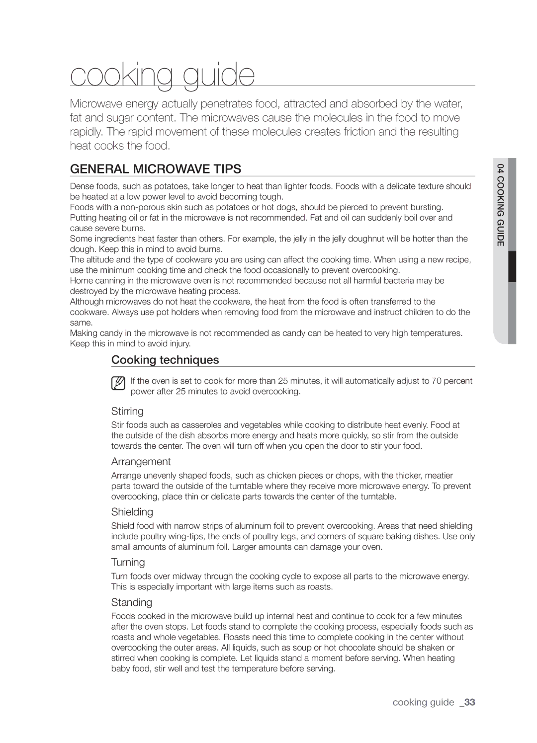 Samsung SMH9187ST, SMH9187B, SHM9187W user manual Cooking guide, General microwave tips, Cooking techniques 