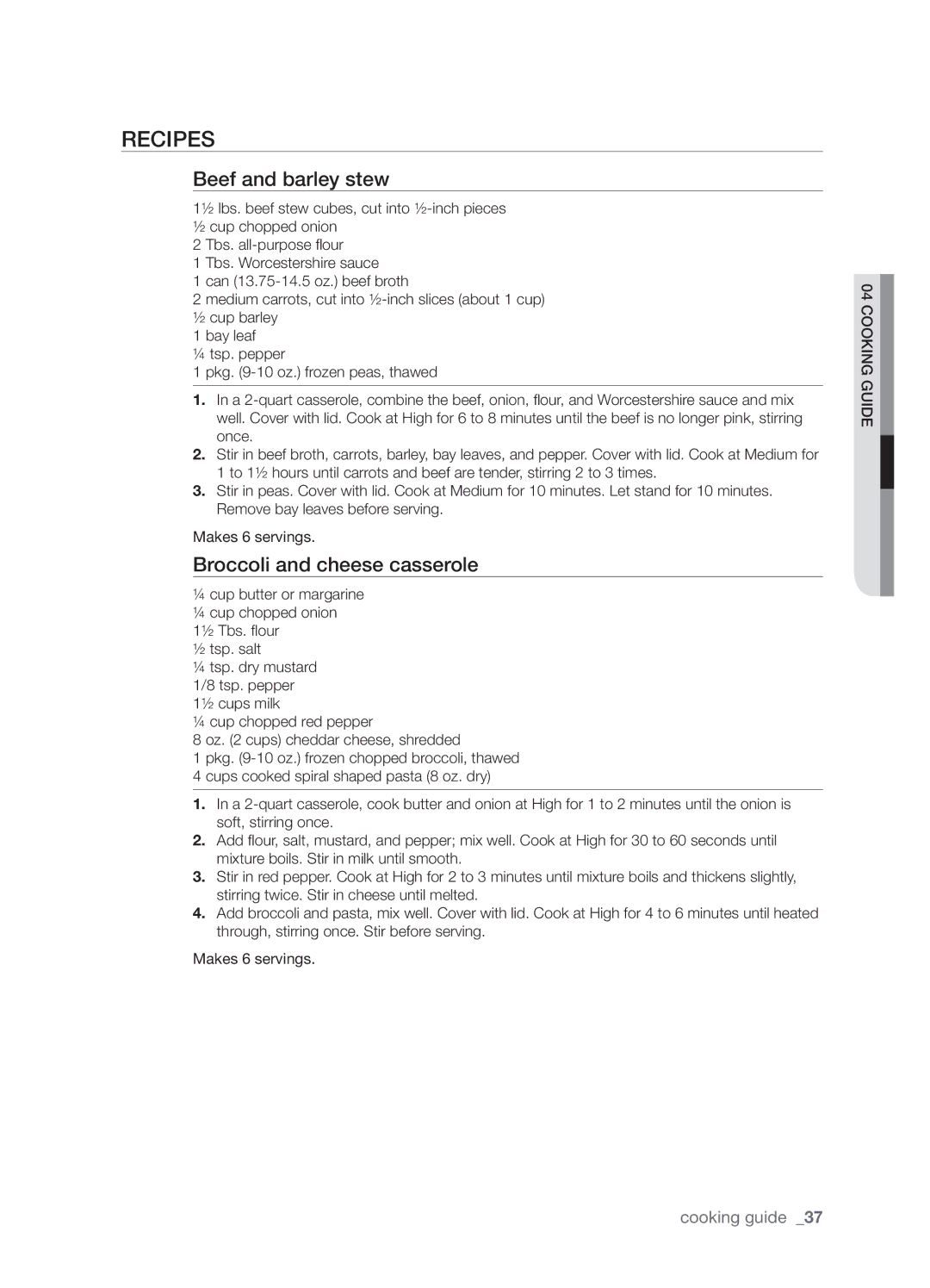 Samsung SMH9187ST, SMH9187B, SHM9187W user manual Recipes, Beef and barley stew, Broccoli and cheese casserole 