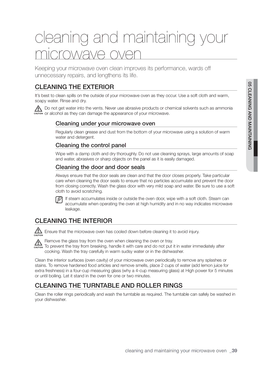 Samsung SHM9187W, SMH9187B Cleaning and maintaining your microwave oven, Cleaning the exterior, Cleaning the interior 