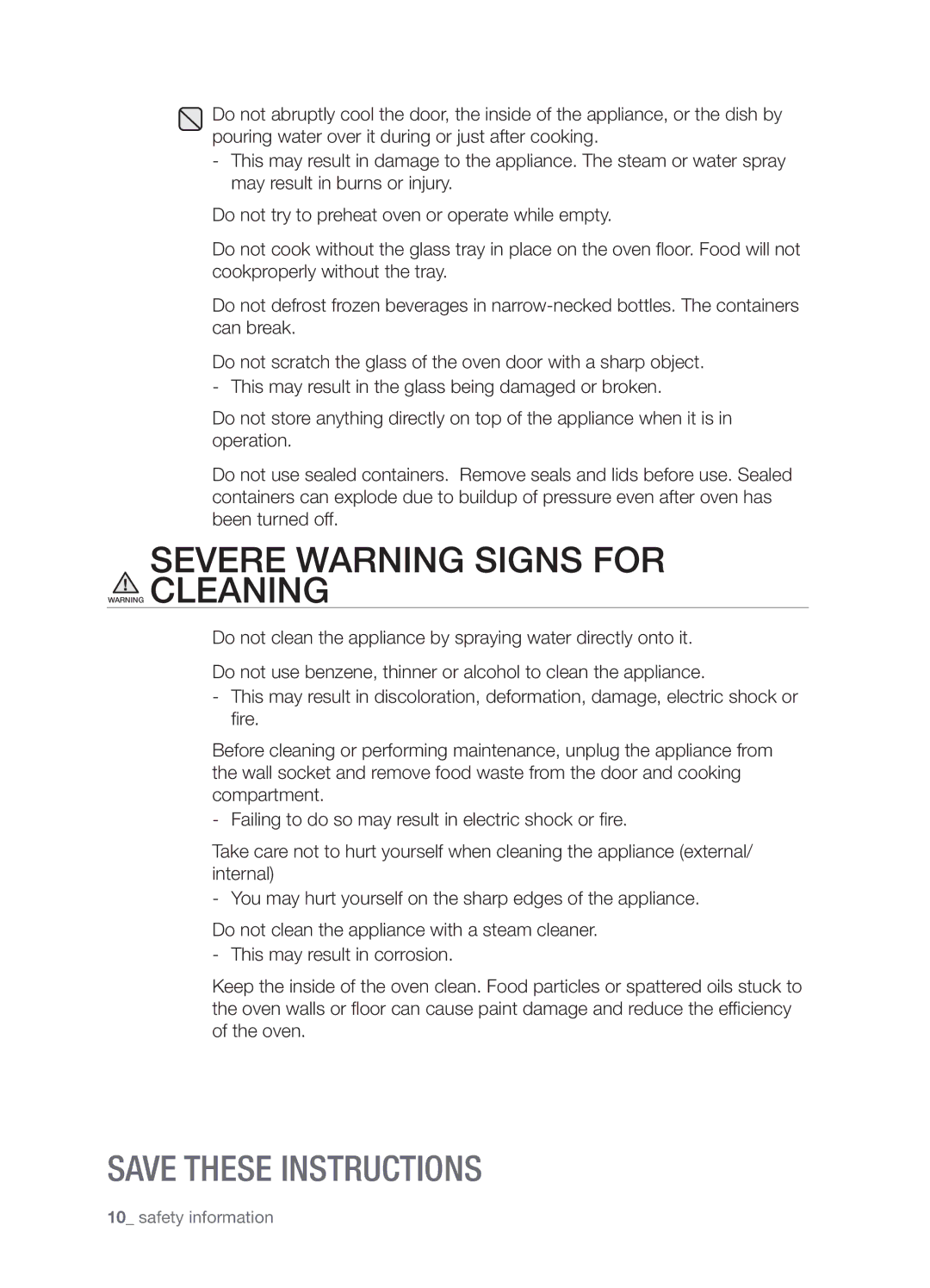 Samsung SMH9187W user manual Severe Warning Signs for Warning Cleaning 