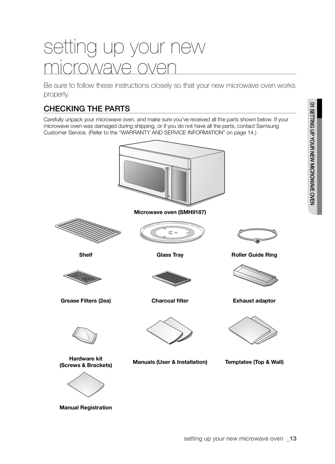 Samsung SMH9187W user manual Setting up your new microwave oven, Checking the parts 