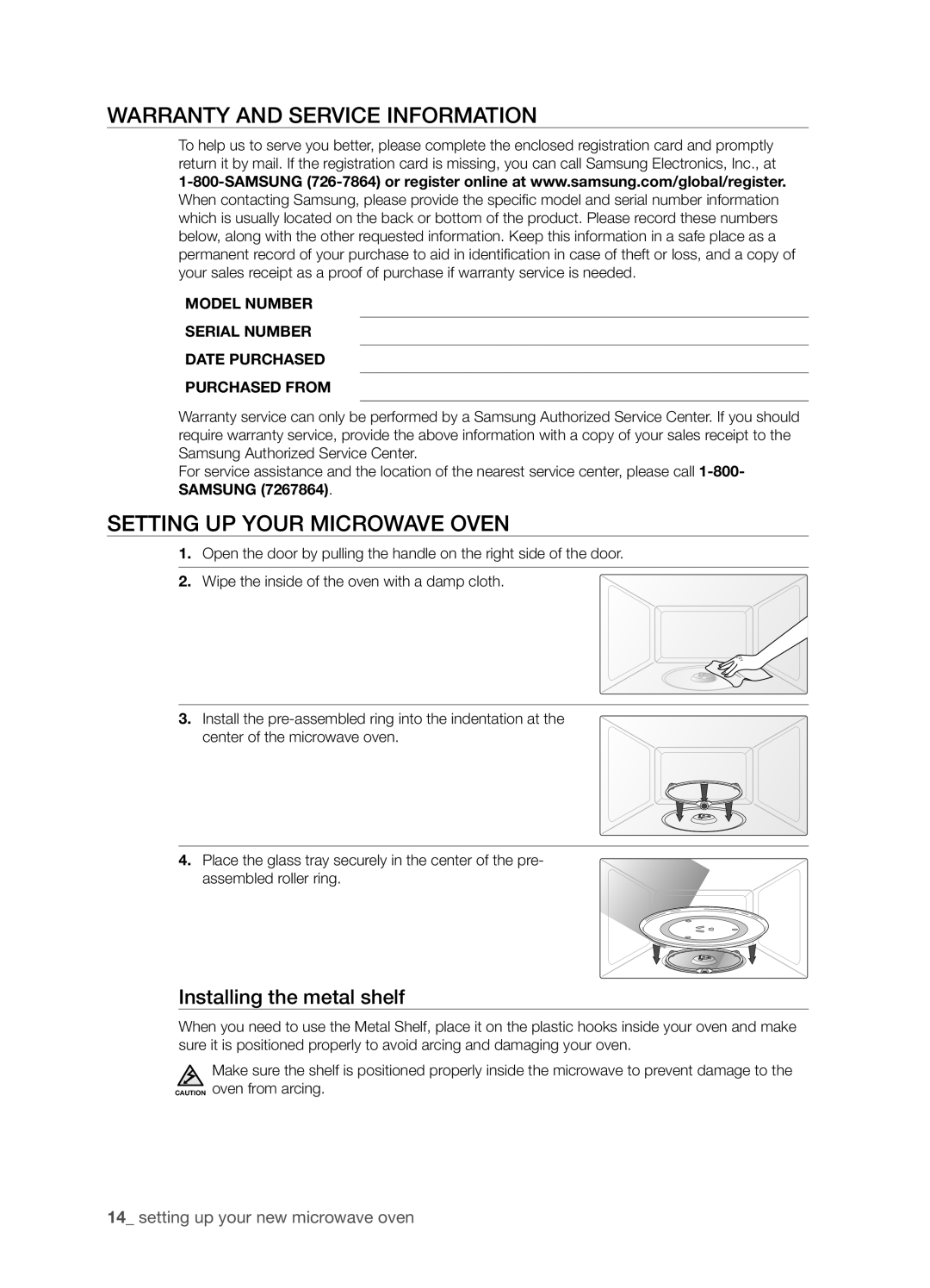 Samsung SMH9187W user manual Warranty and service information, Setting up your microwave oven, Installing the metal shelf 