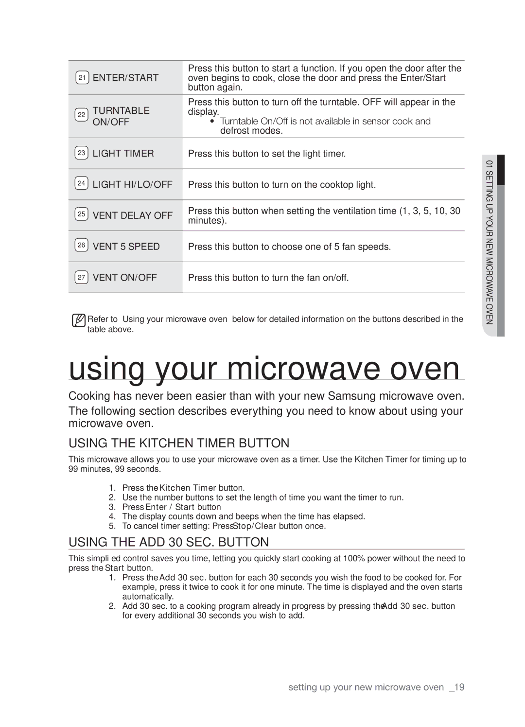 Samsung SMH9187W user manual Using your microwave oven, Using the Kitchen Timer button, Using the add 30 sec. button 