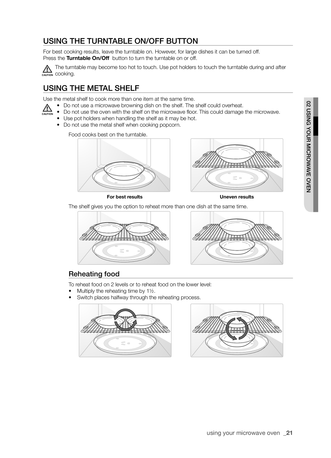 Samsung SMH9187W user manual Using the Turntable On/Off button, Using the metal shelf, Reheating food 