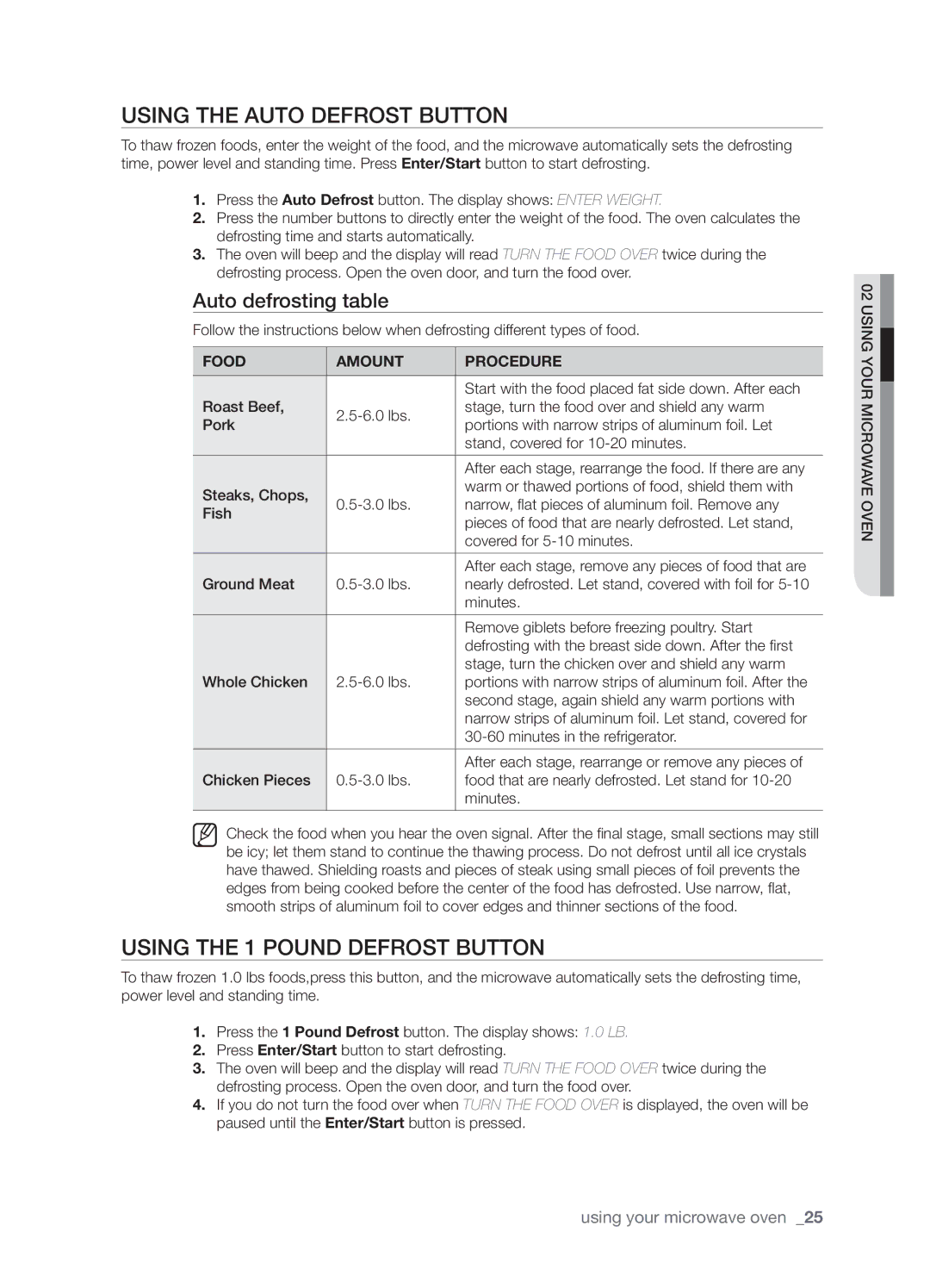 Samsung SMH9187W user manual Using the Auto Defrost button, Using the 1 pound Defrost button, Auto defrosting table 