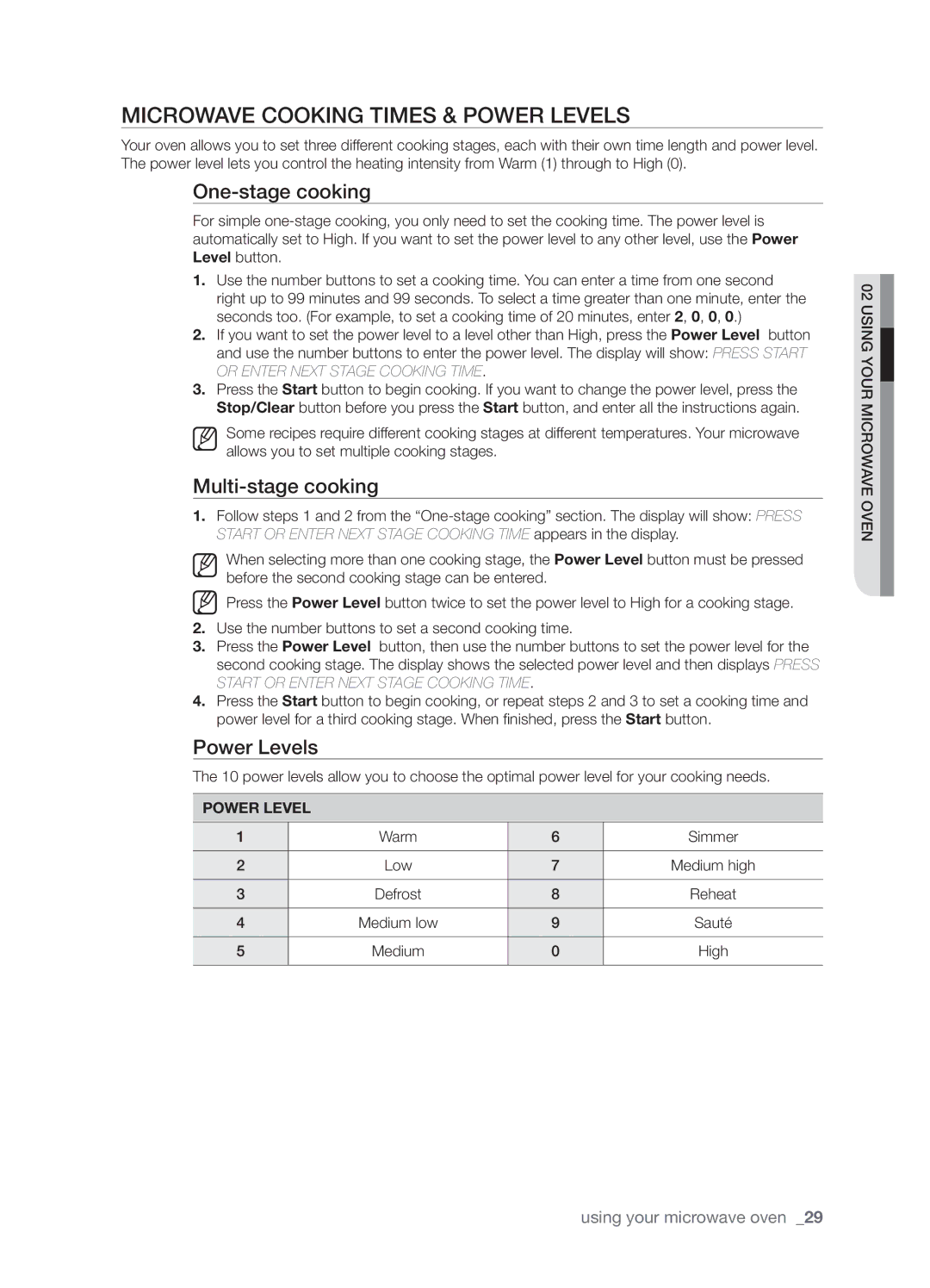 Samsung SMH9187W user manual Microwave cooking times & power levels, One-stage cooking, Multi-stage cooking, Power Levels 