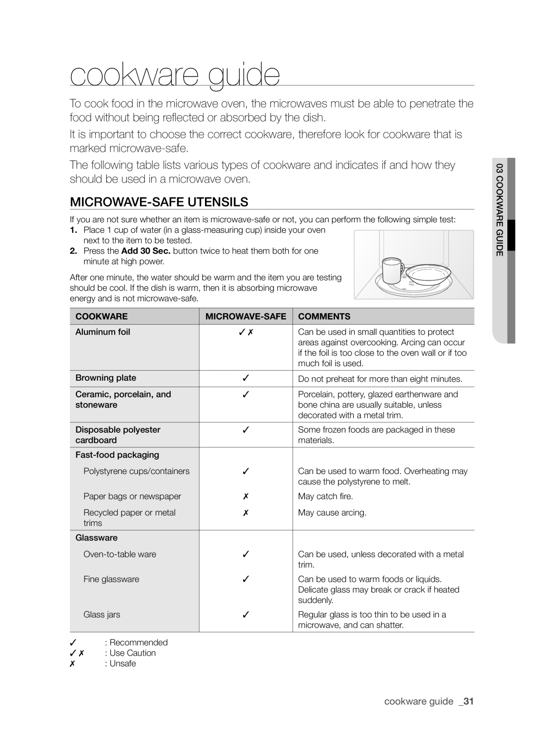 Samsung SMH9187W user manual Cookware guide, Microwave-safe utensils, Cookware MICROWAVE-SAFE Comments 