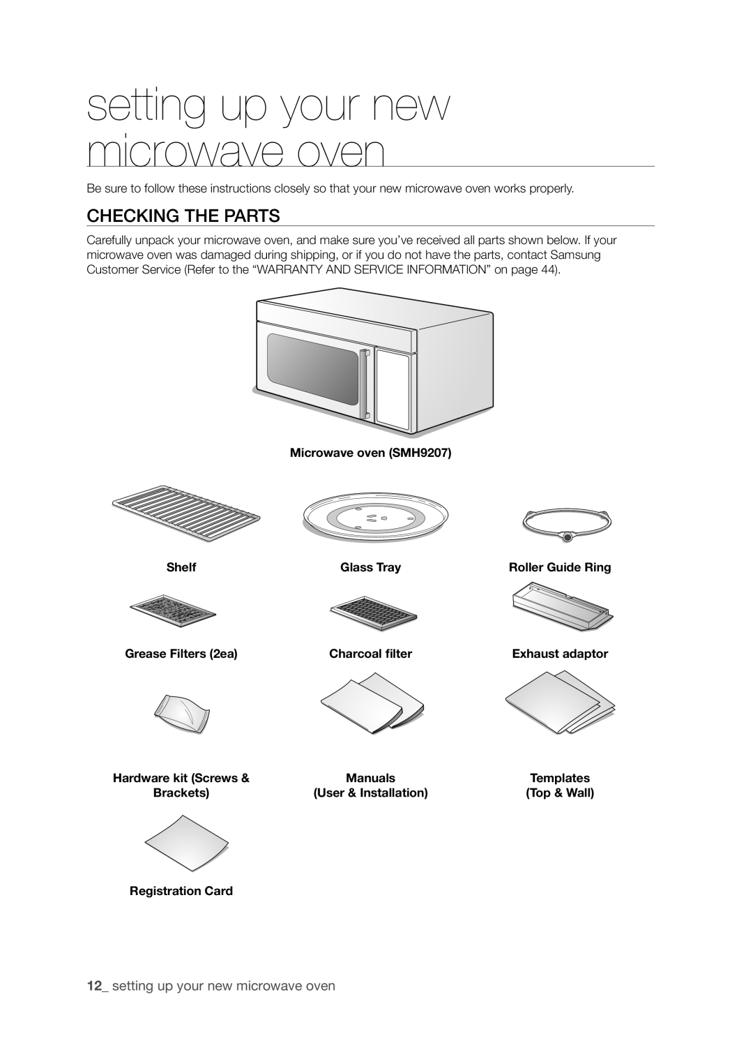 Samsung SMH9207 user manual Setting up your new microwave oven, Checking the parts 