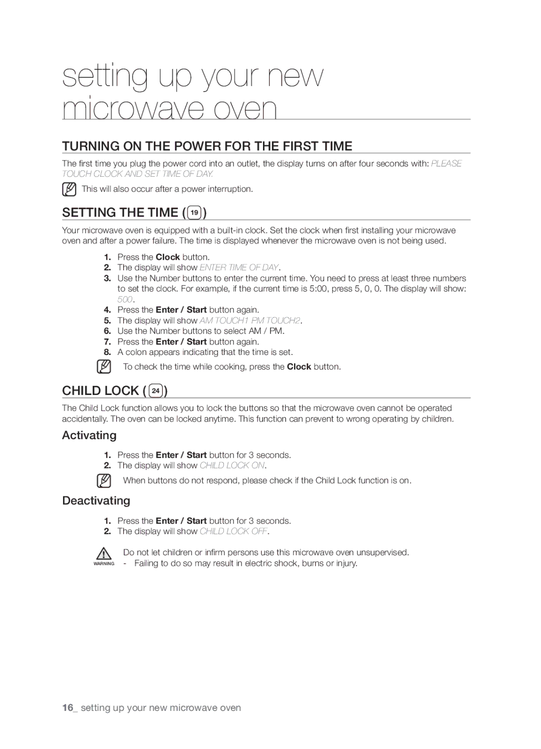 Samsung SMH9207 user manual Turning on the power for the first time, Setting the time, Child lock, Activating, Deactivating 