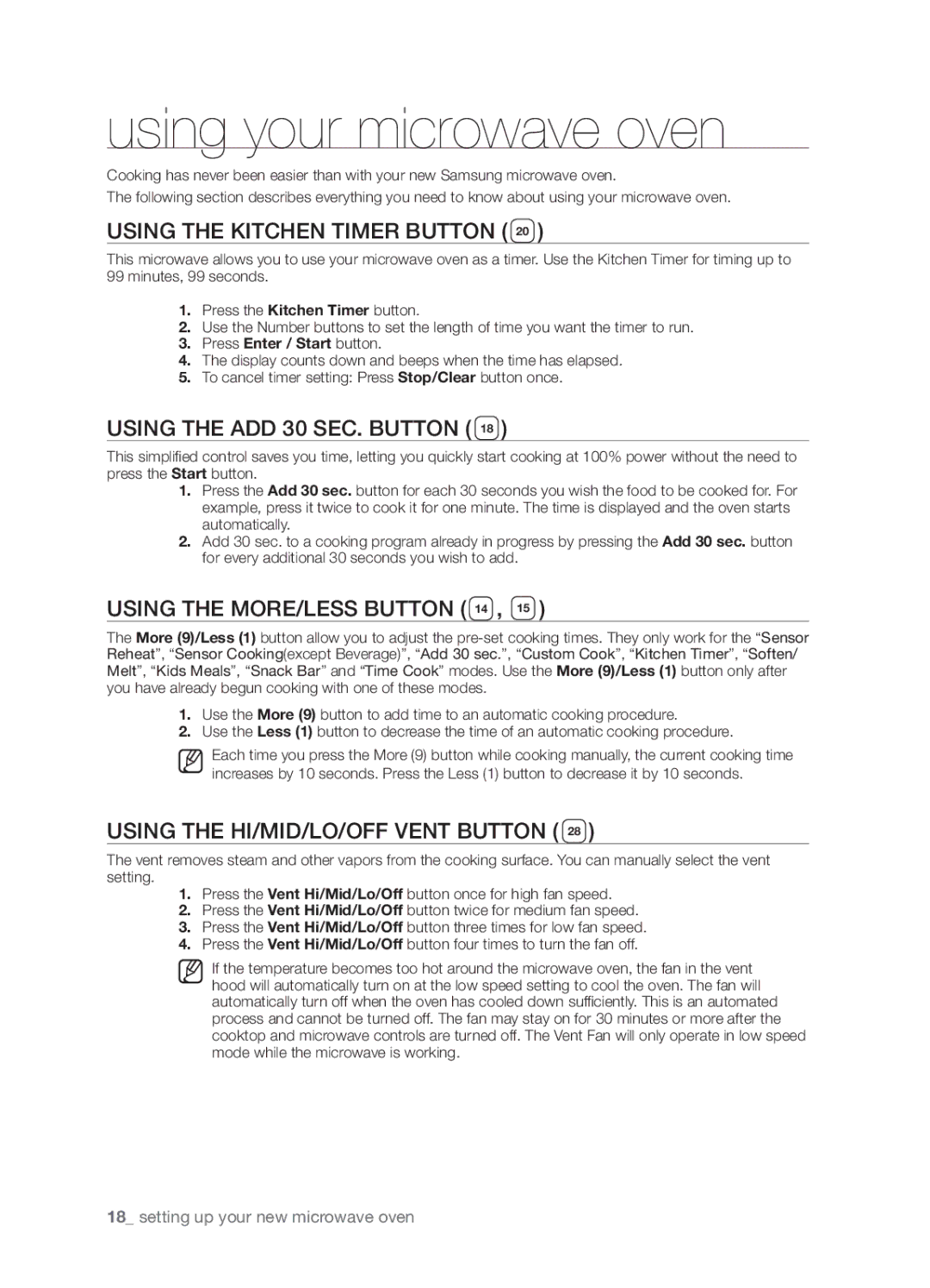 Samsung SMH9207 user manual Using your microwave oven, Using the Kitchen Timer button, Using the add 30 sec. button 