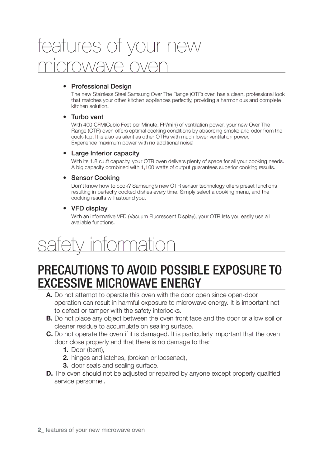 Samsung SMH9207 user manual Safety information, Features of your new microwave oven 