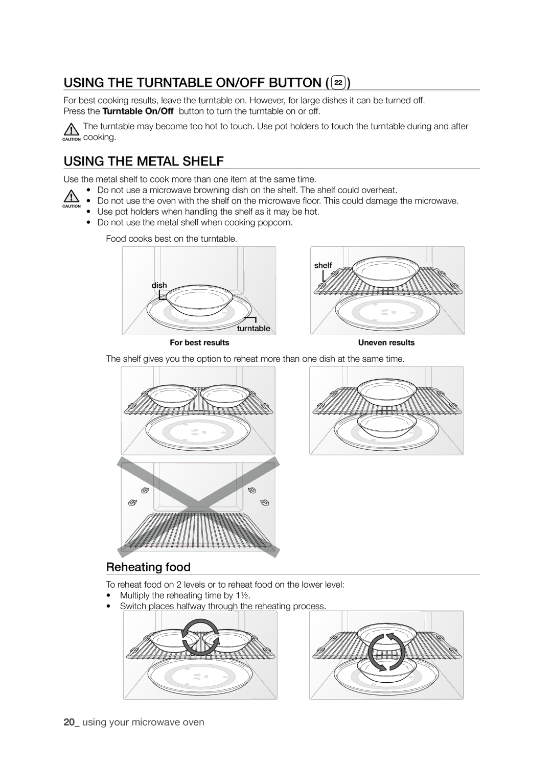 Samsung SMH9207 user manual Using the Turntable On/Off button, Using the metal shelf, Reheating food 