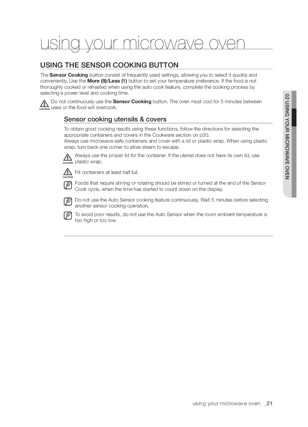 Samsung SMH9207 user manual Using the Sensor CookING button, Sensor cooking utensils & covers 