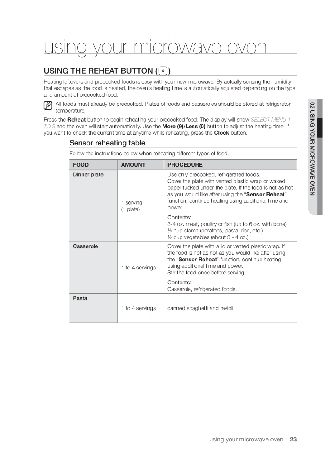 Samsung SMH9207 user manual Using the Reheat button, Sensor reheating table 