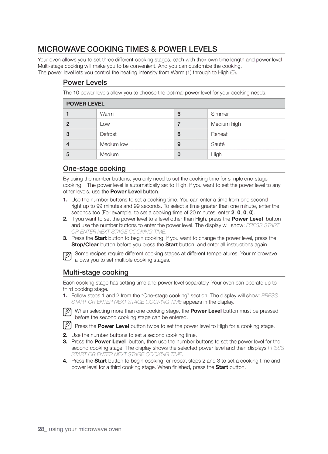 Samsung SMH9207 user manual Microwave cooking times & power levels, Power Levels, One-stage cooking, Multi-stage cooking 