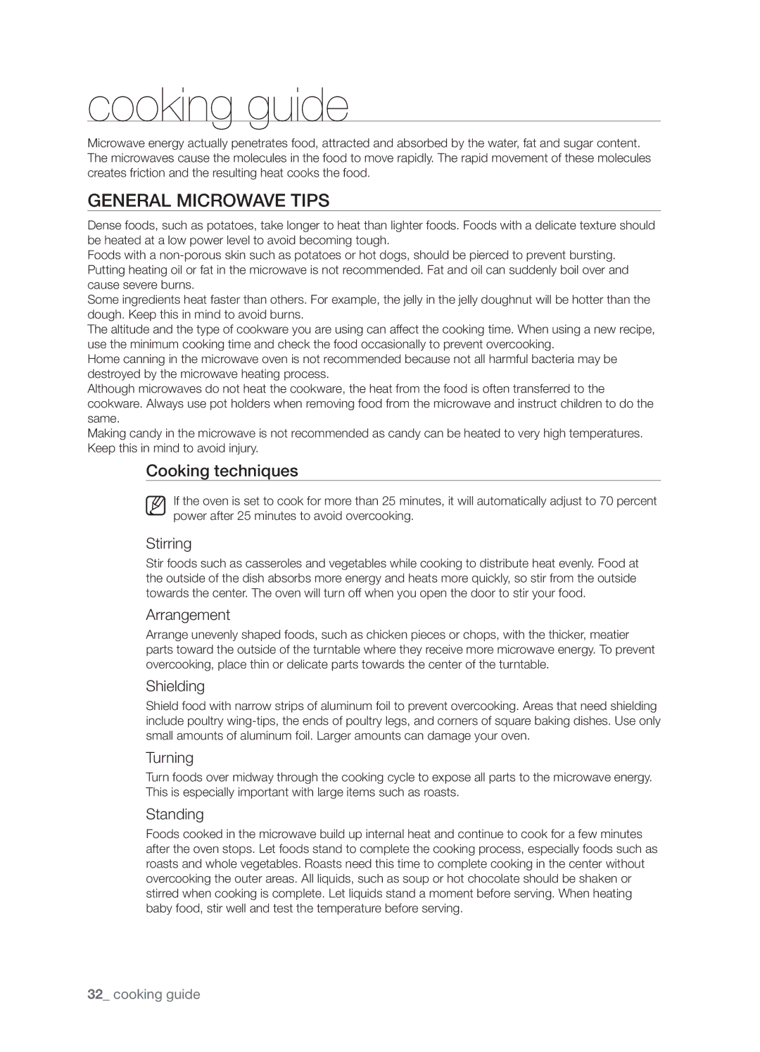 Samsung SMH9207 user manual Cooking guide, General microwave tips, Cooking techniques 