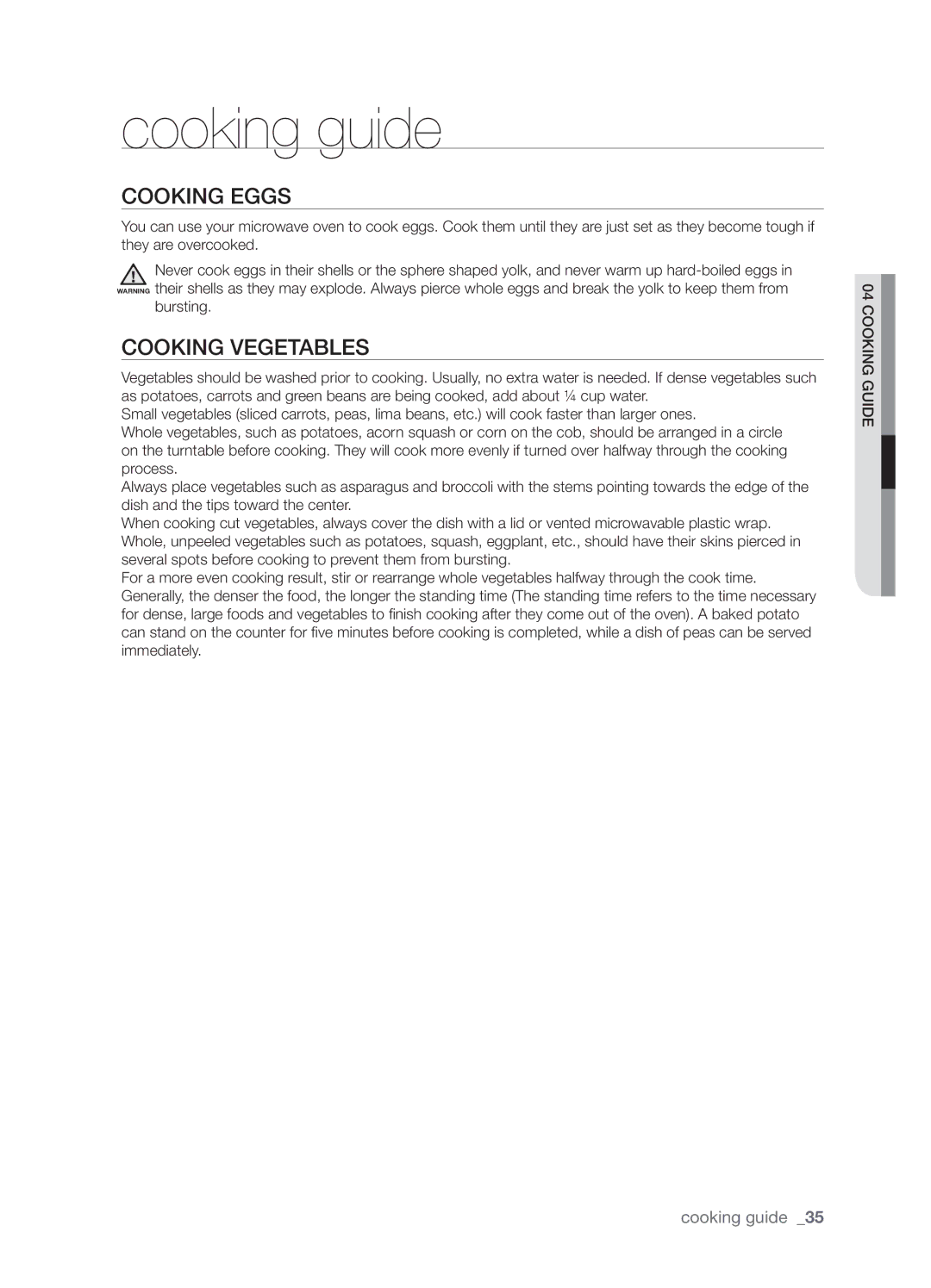 Samsung SMH9207 user manual Cooking eggs, Cooking vegetables 