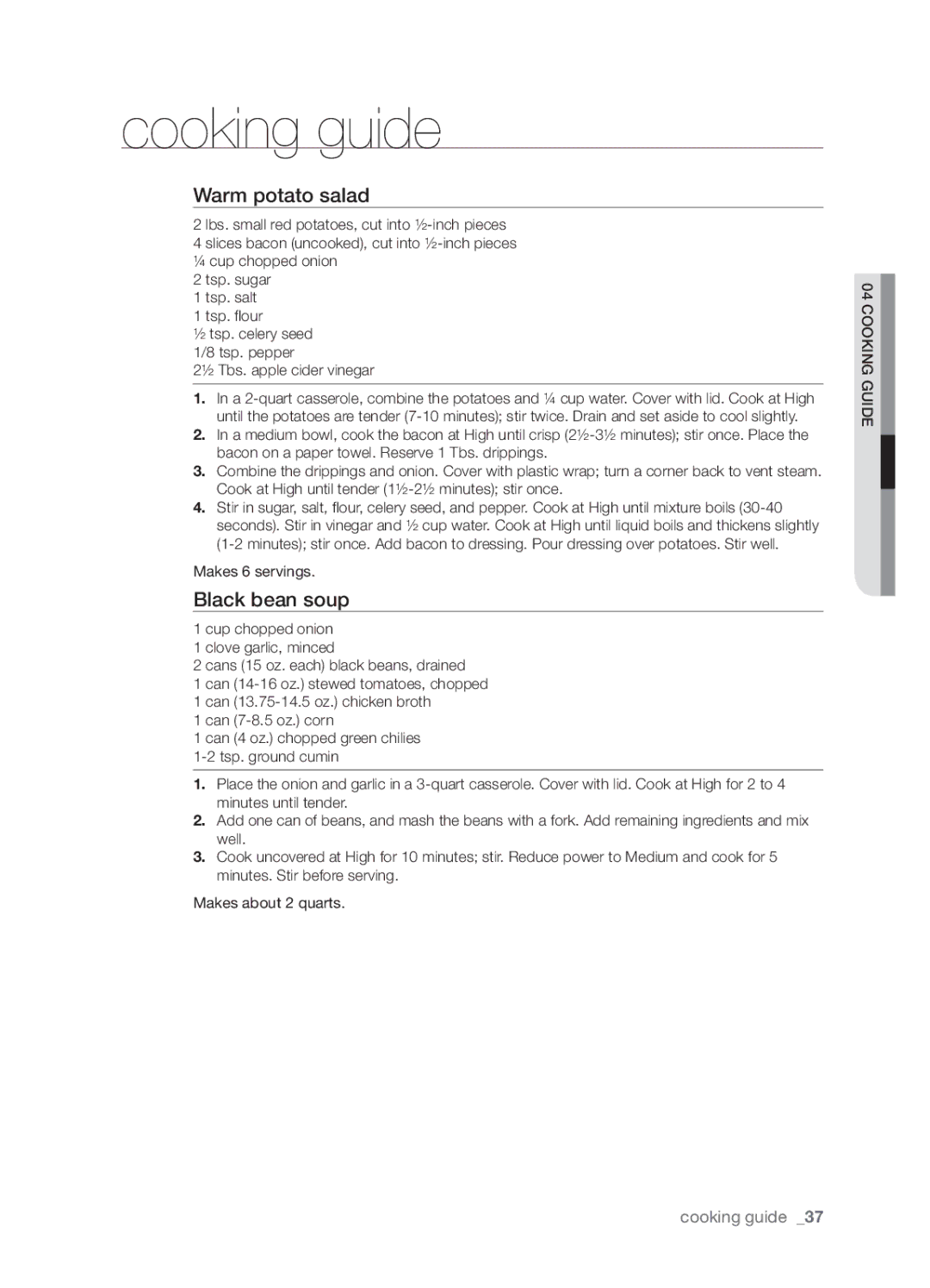 Samsung SMH9207 user manual Warm potato salad, Black bean soup 