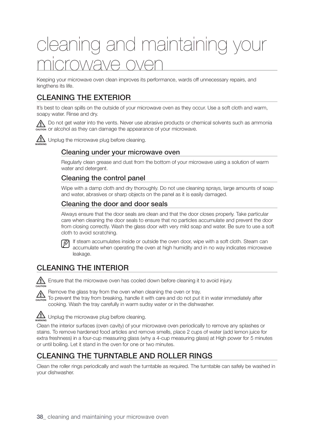 Samsung SMH9207 user manual Cleaning and maintaining your microwave oven, Cleaning the exterior, Cleaning the interior 