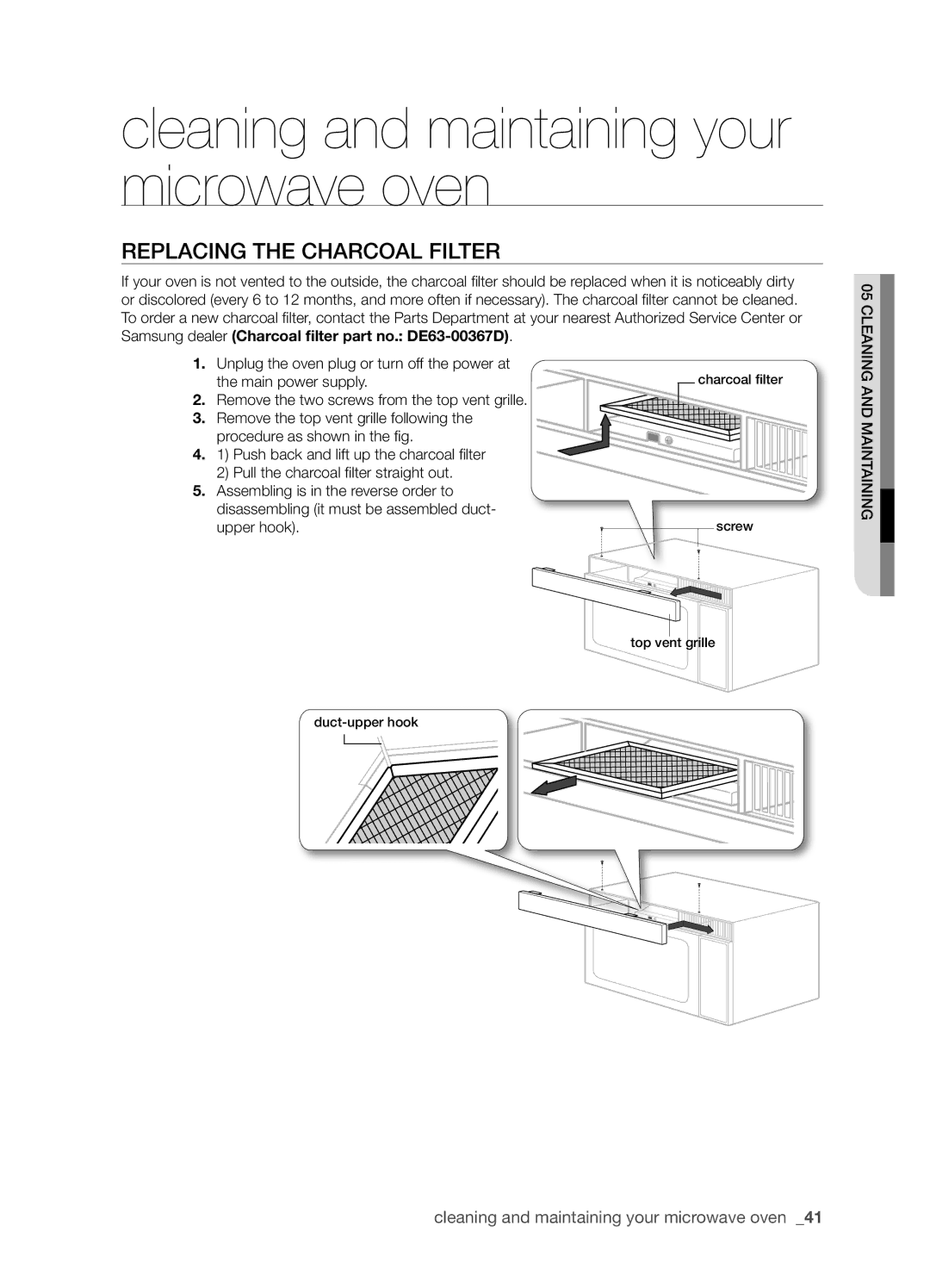 Samsung SMH9207 user manual Replacing the charcoal filter 