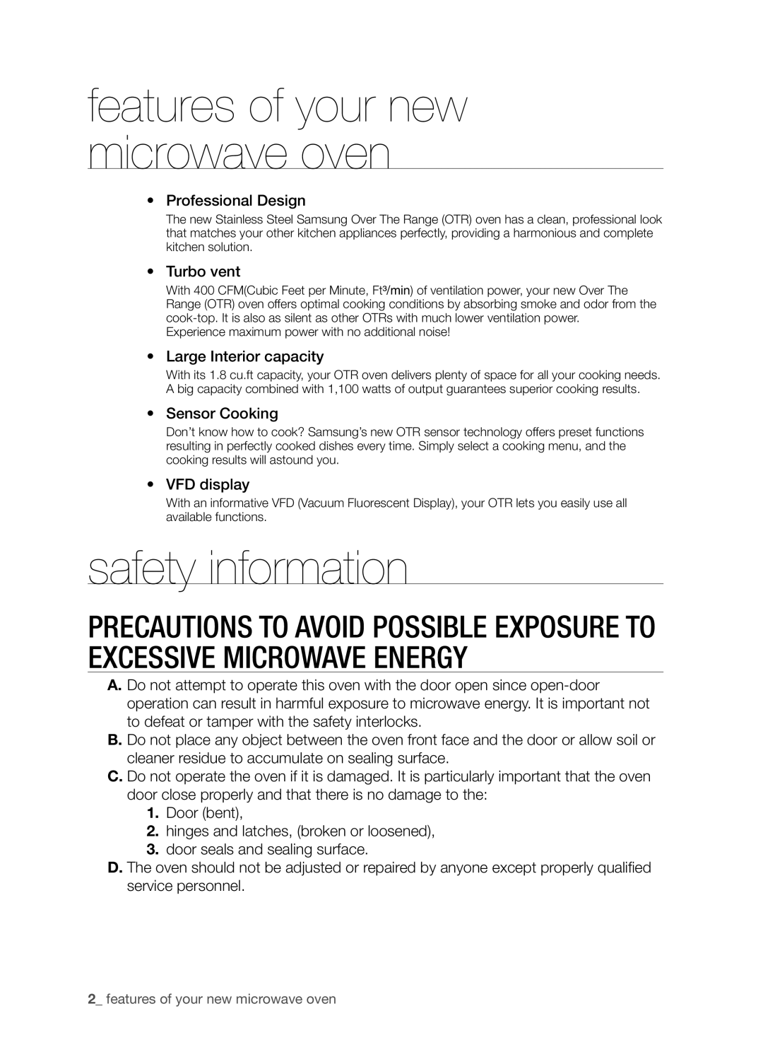 Samsung SMH9207 user manual safety information, features of your new microwave oven 