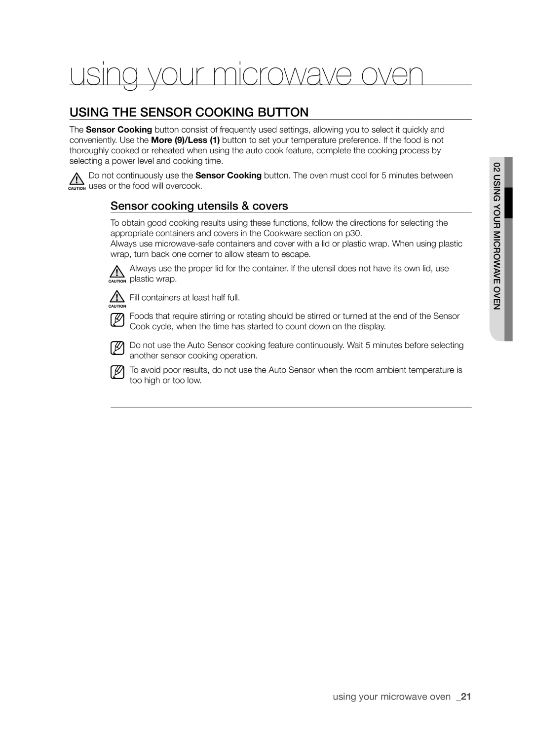 Samsung SMH9207 user manual Using the Sensor CookING button, Sensor cooking utensils & covers, using your microwave oven 